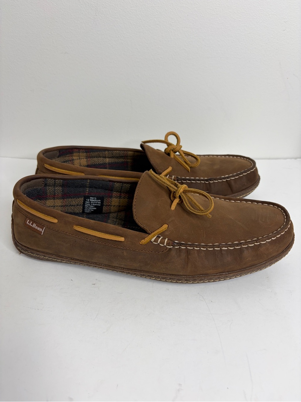 LL Bean Slippers Mens 12 Brown Leather Flannel Lined Handsewn House Shoes